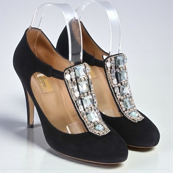 Valentino Black Suede Crystal Embellished PumpsSize 38.5Designer Heels